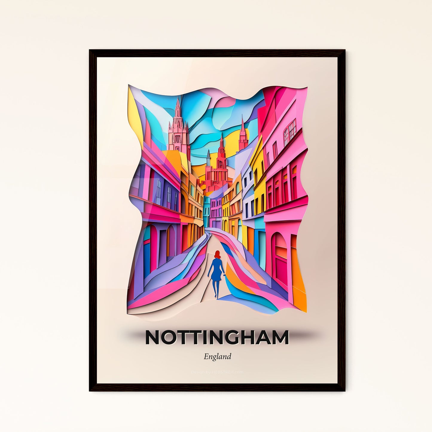 Vivid Nottingham, England - a colorful city street with a person walking down it