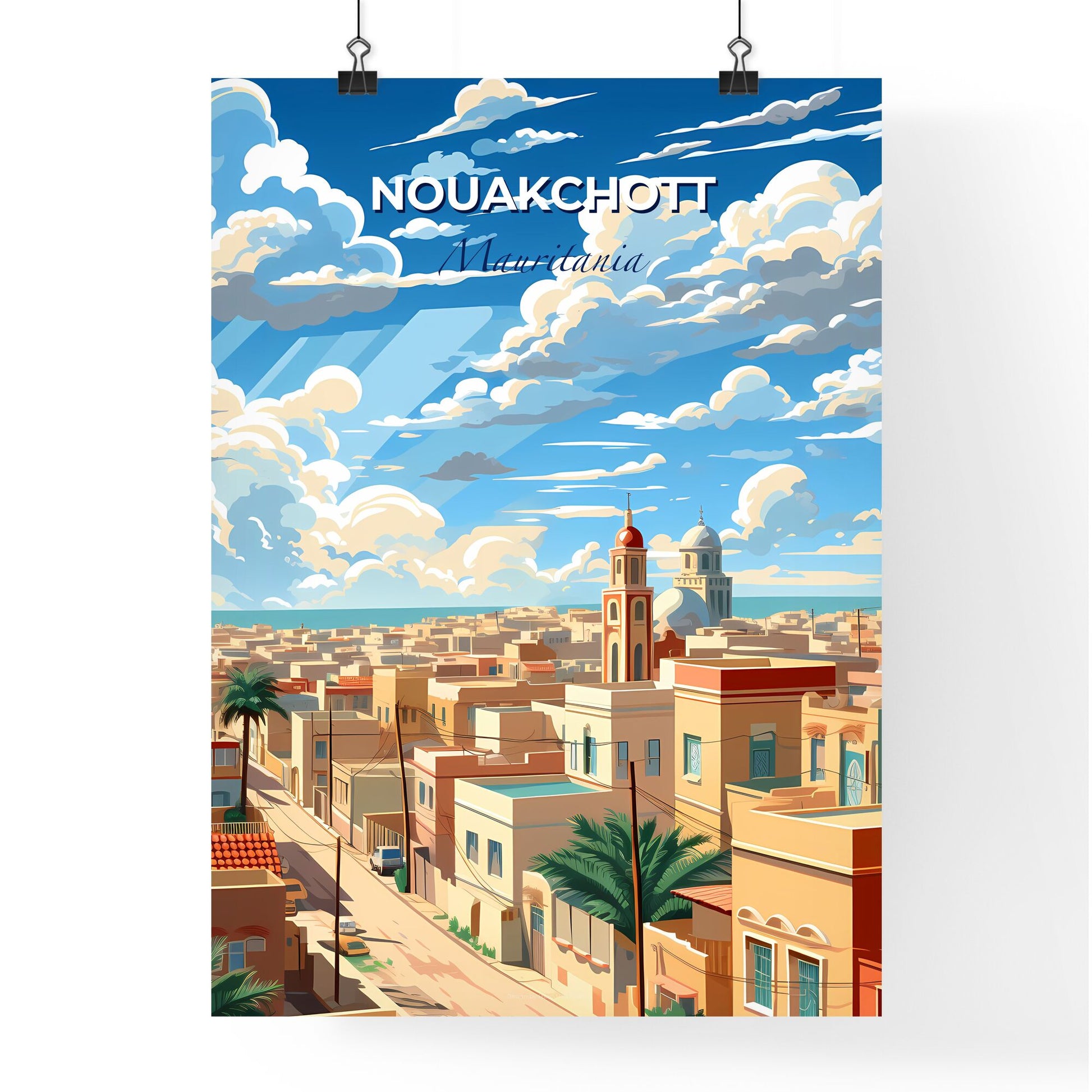 Vibrant Nouakchott Mauritania Skyline Painting Cityscape with Palm Trees and Dramatic Sky Art Print Default Title