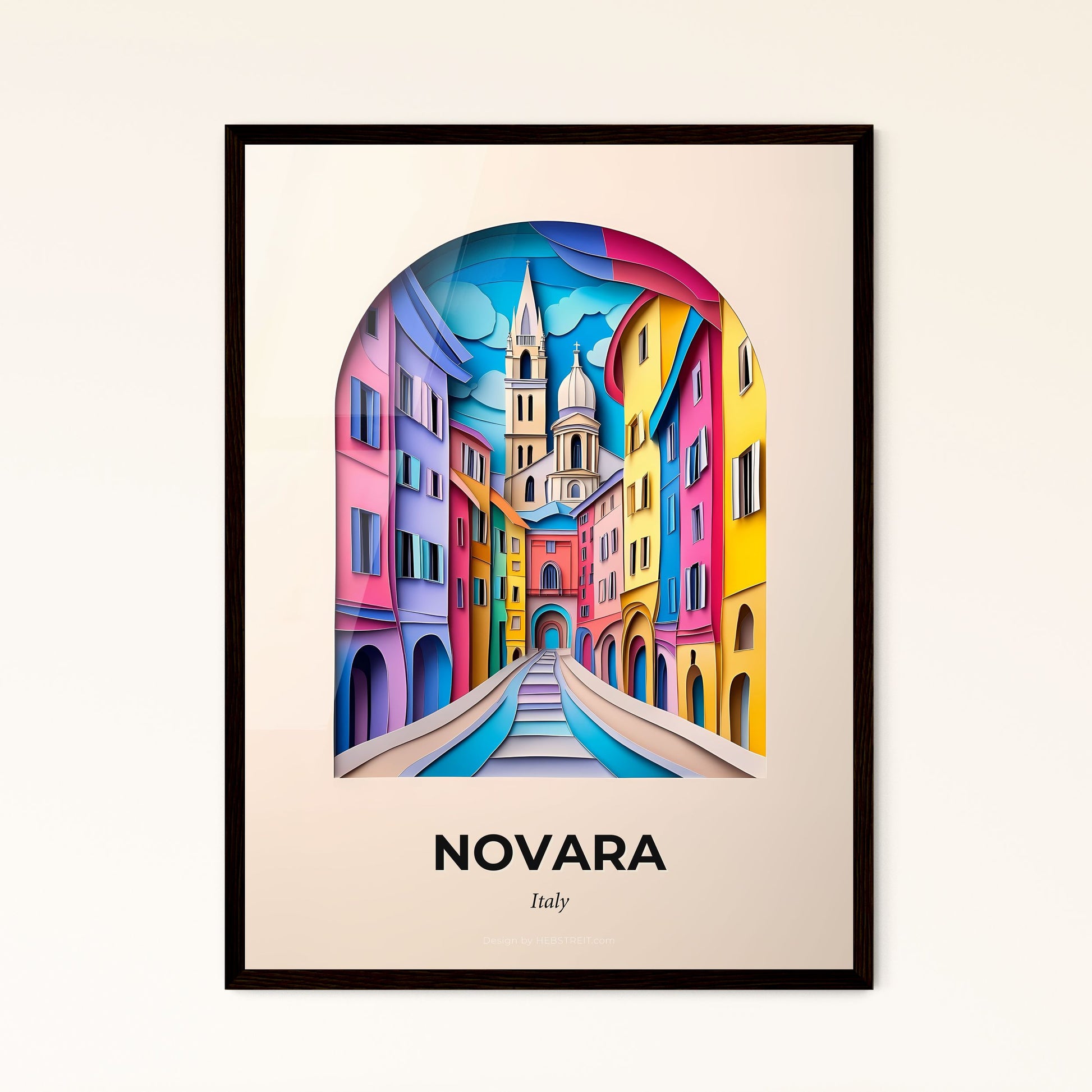 Vivid Novara, Italy - a painting of a city with a clock tower