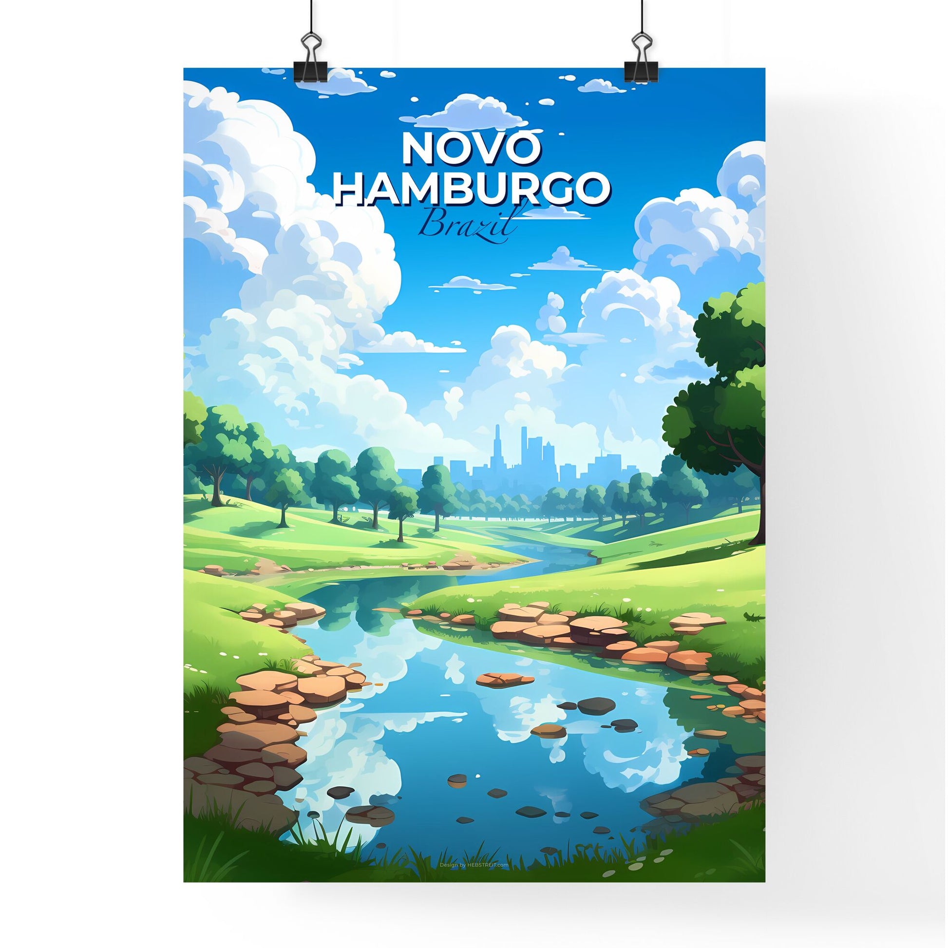 Hand-Painted Art of Novo Hamburgo Brazil Cityscape with River and Green Fields Default Title