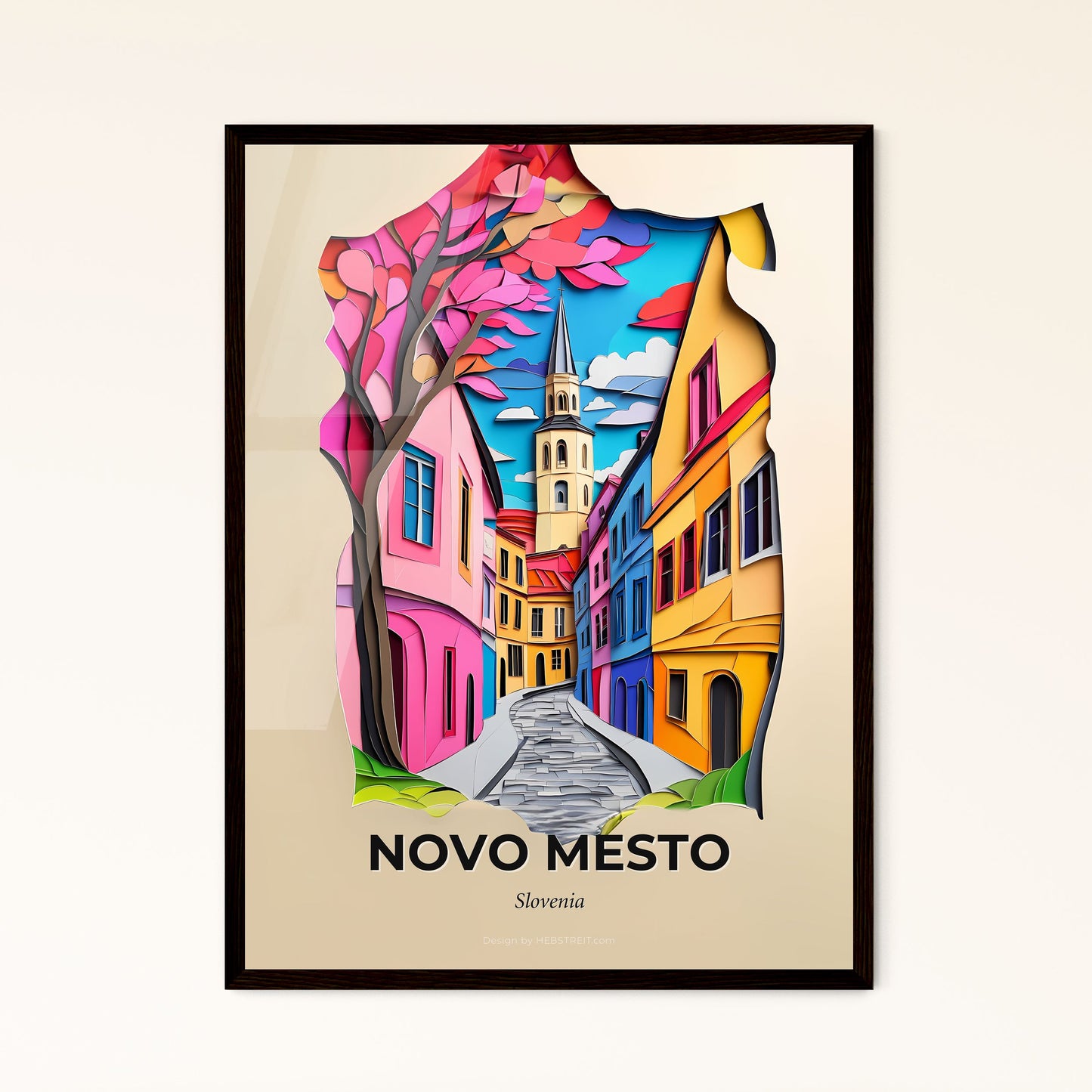 Vivid Novo Mesto, Slovenia - a paper cut of a street with a church steeple