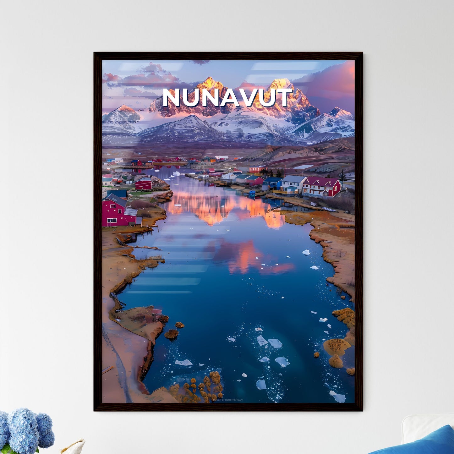 Tranquil Arctic Splendor: Vibrant Northern Landscape Painting of River, Lake, and Snowy Mountains in Nunavut, Canada