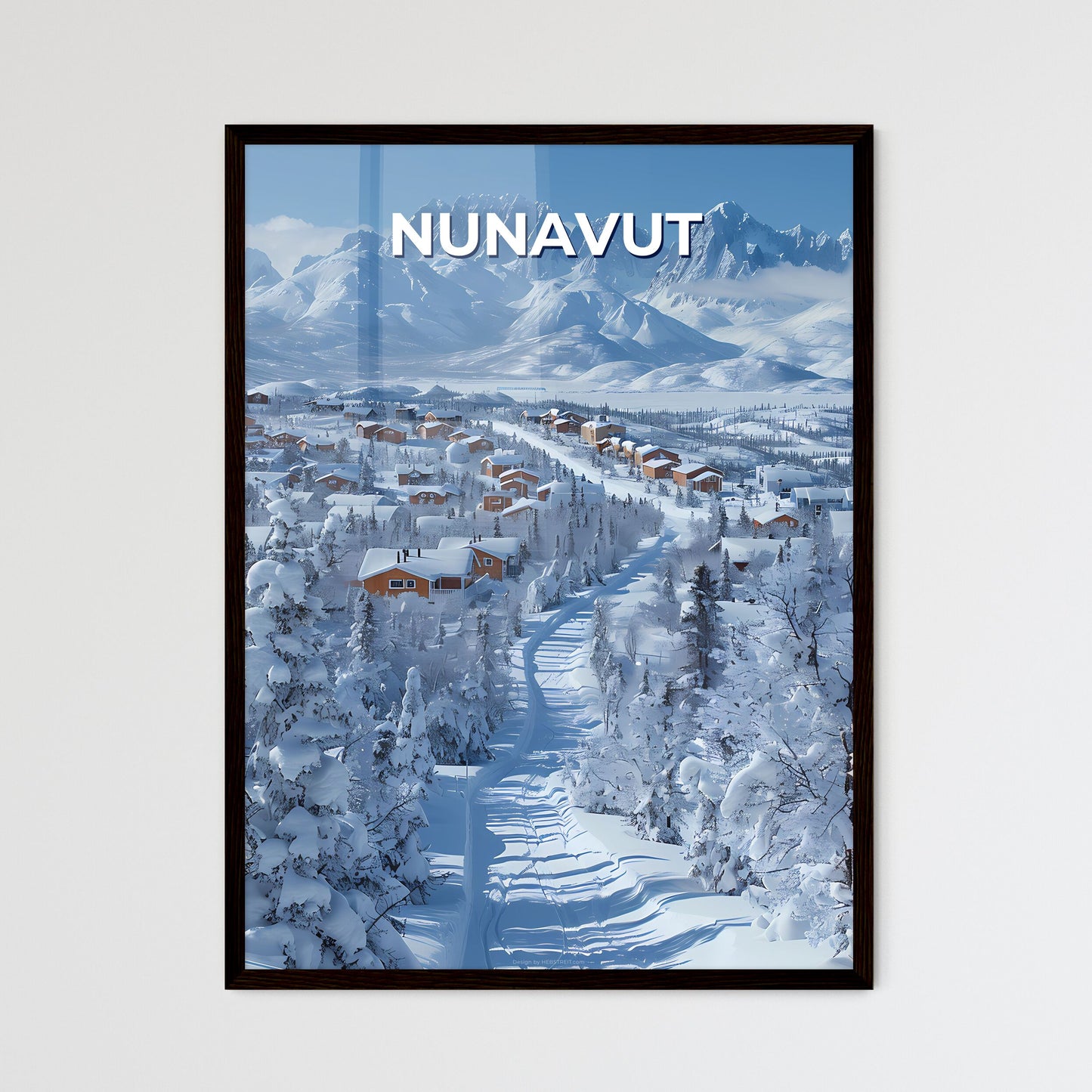 Nunavut Canada, Snowy Winter Landscape, Art Painting, Vibrant Colors, Houses, Mountains