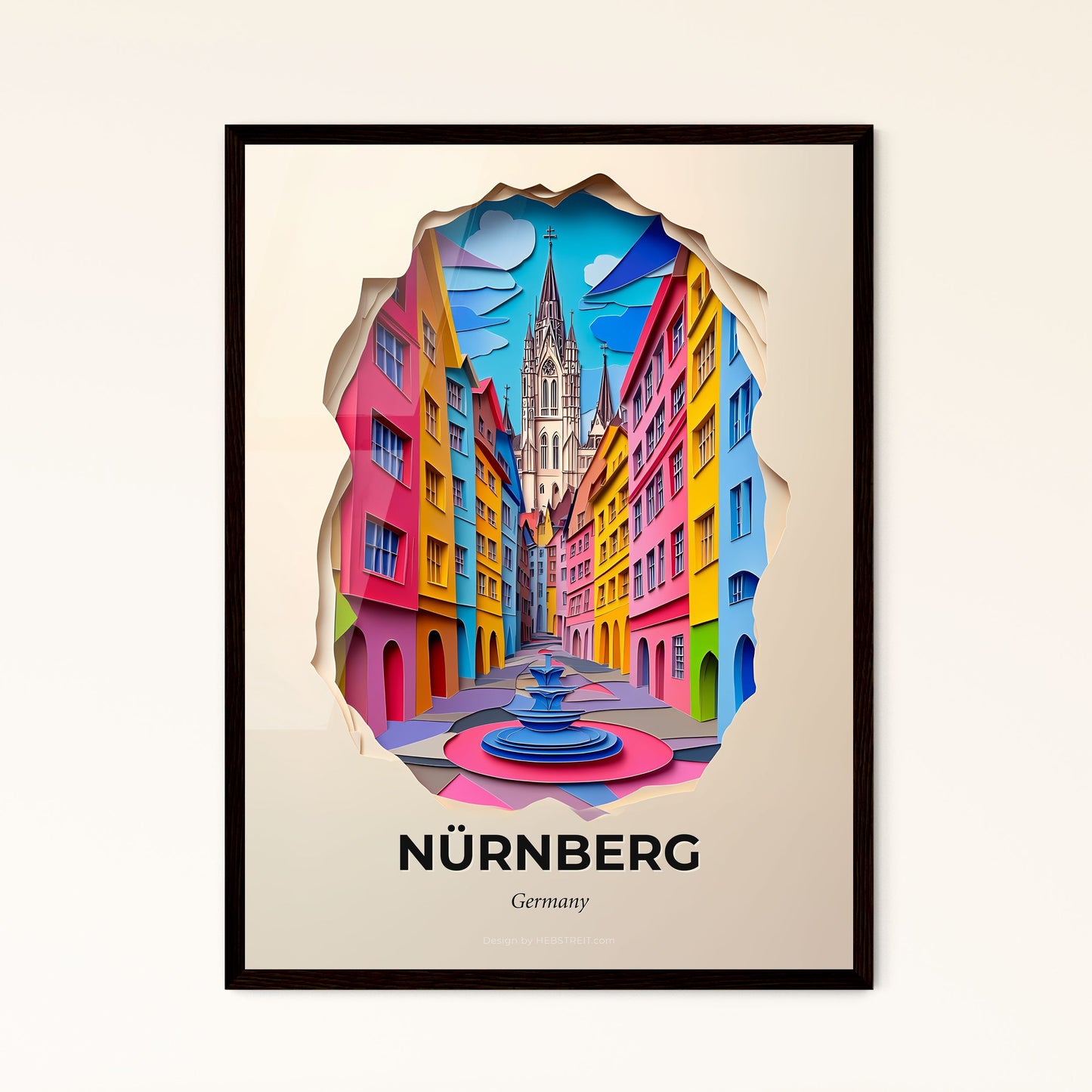 Vivid Nurnberg, Germany - a colorful city street with a fountain in the middle