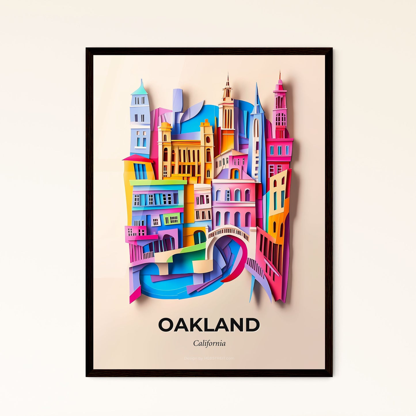 Vivid Oakland, California - a colorful city with a bridge and a boat