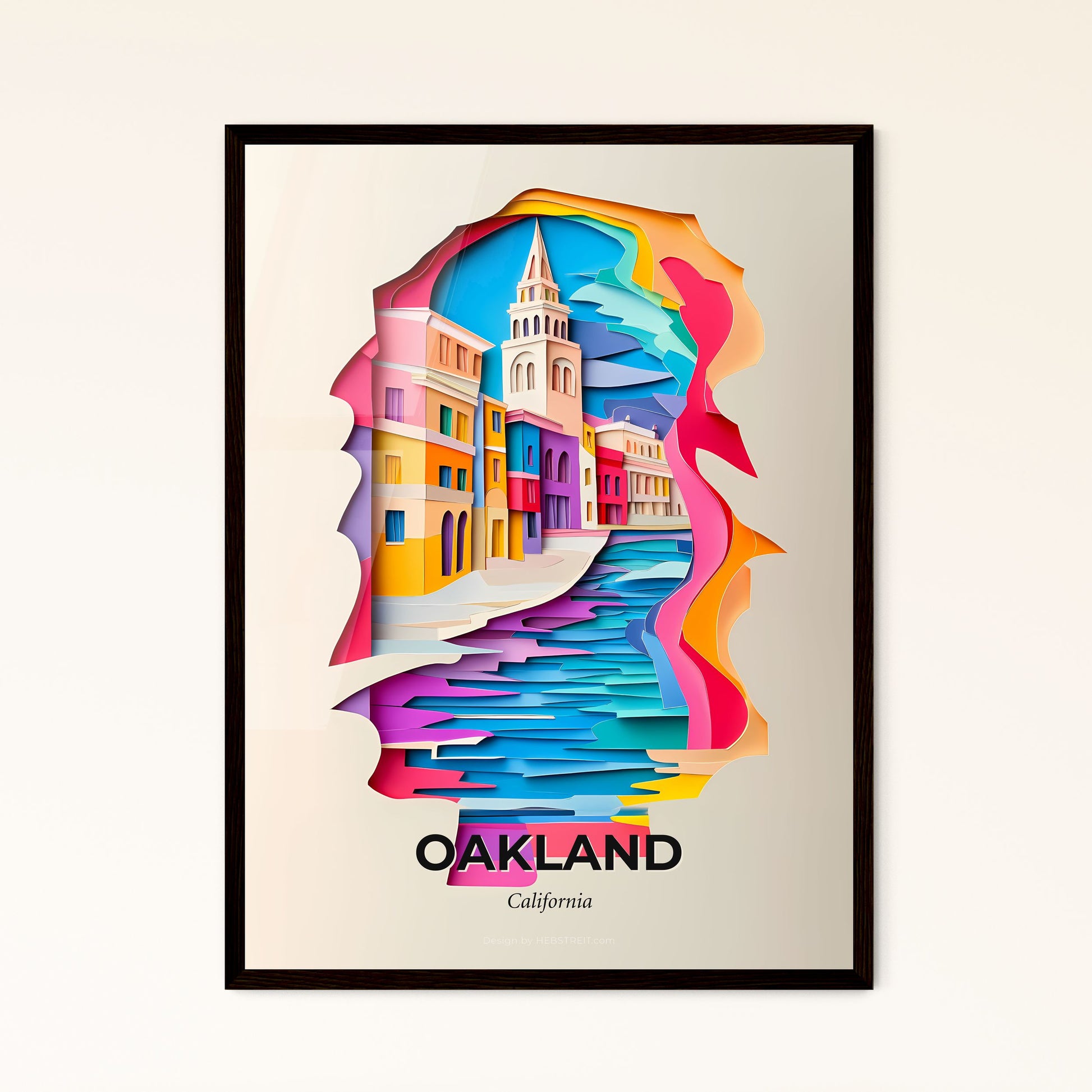 Vivid Oakland, California - a colorful city scene with a river and a clock tower