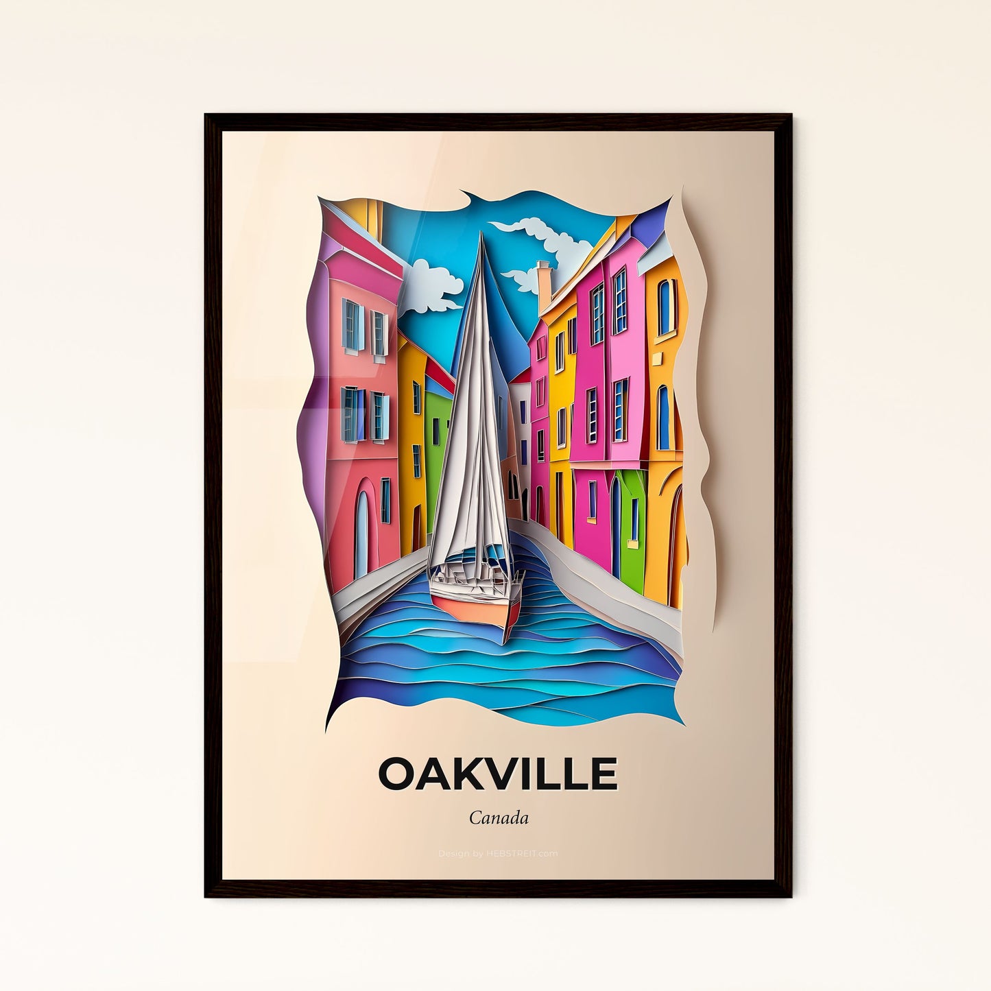 Vivid Oakville, Canada - a boat is floating in a canal between two buildings