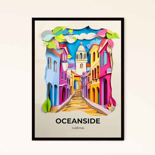 Vivid Oceanside, California - a paper cut of a street with a church in the background