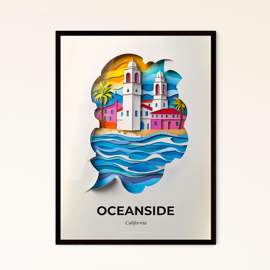 Vivid Oceanside, California - a paper cut of a church on a beach