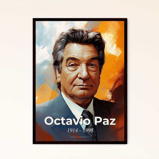 Portrait of Octavio Paz, 1914 - 1998. Impressionistic painting of a man in a suit and tie.