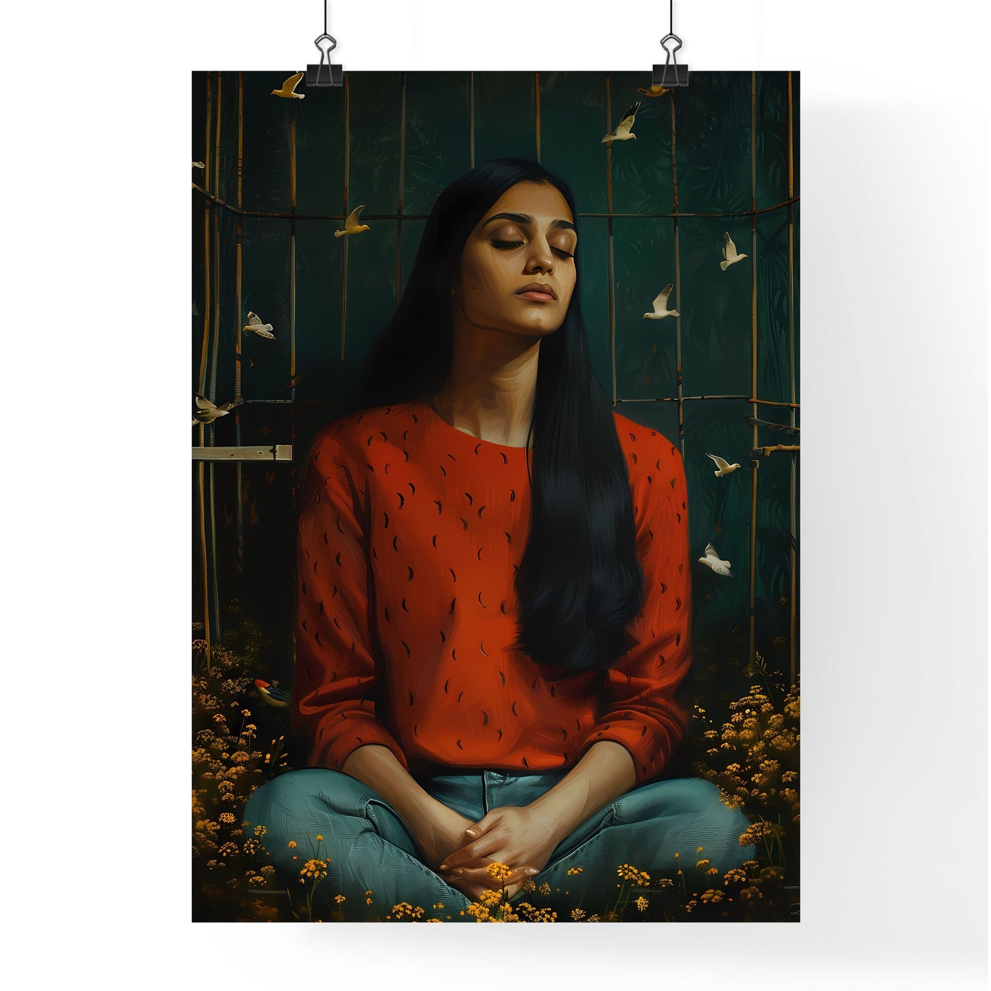 Painting of Pakistani Woman in Cage Artwork with Surrounding Birds Default Title