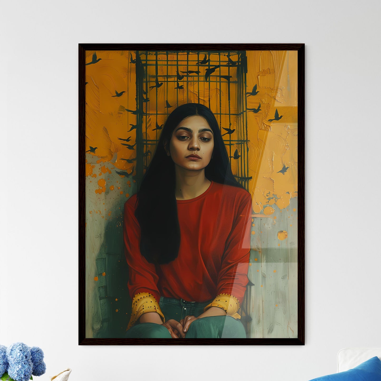 Colorful Painting of Incarcerated Pakistani Woman in Jeans and T-Shirt, Surrounded by Birds and a Woman in Red Default Title