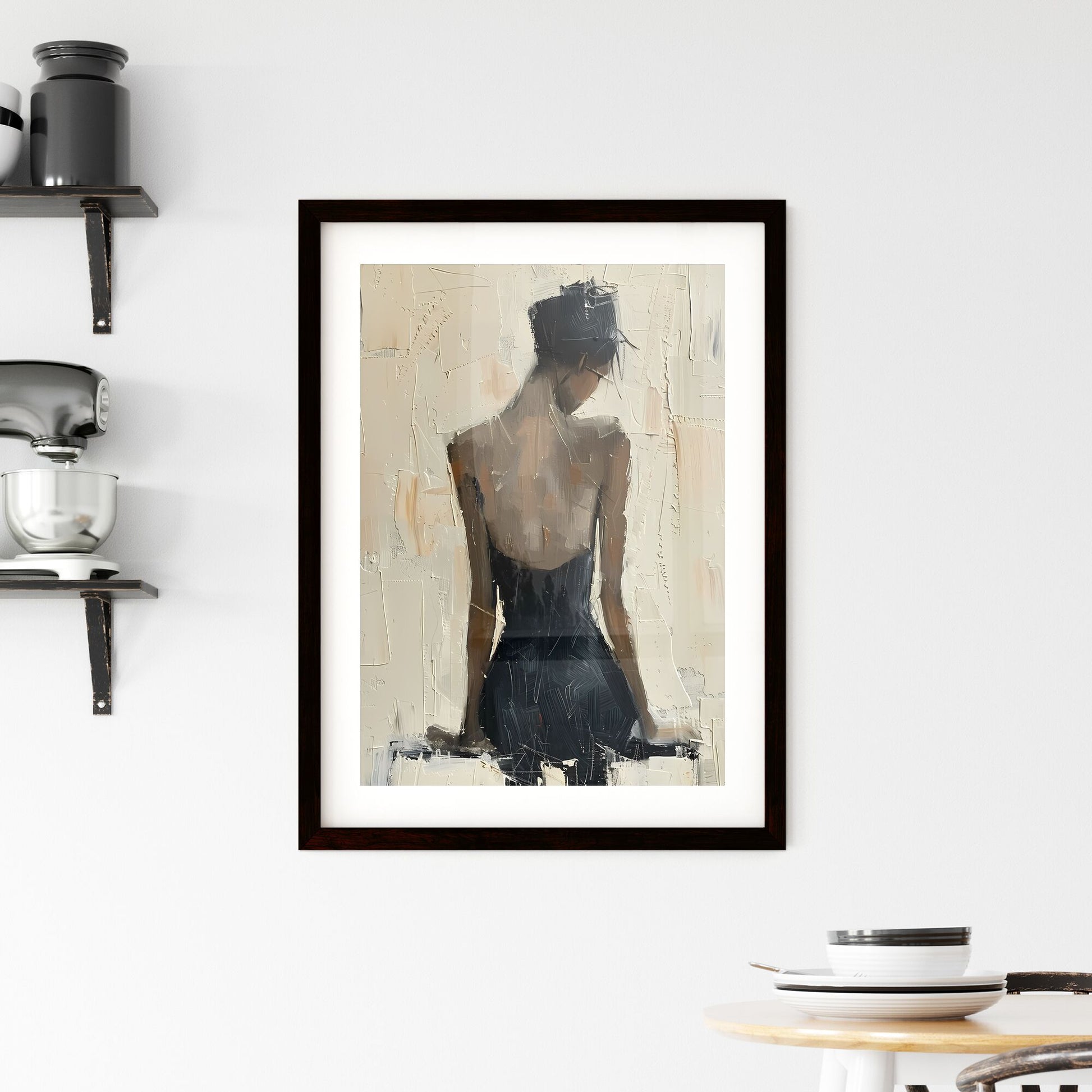 Artful Abstract: Oil Painting of a Graceful Woman in Black Dress on Ivory Canvas Default Title