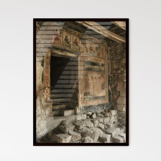 Antique Wall Painting Depicting Ancient Women Marching into Village, Small Demon in Sky Framed Art