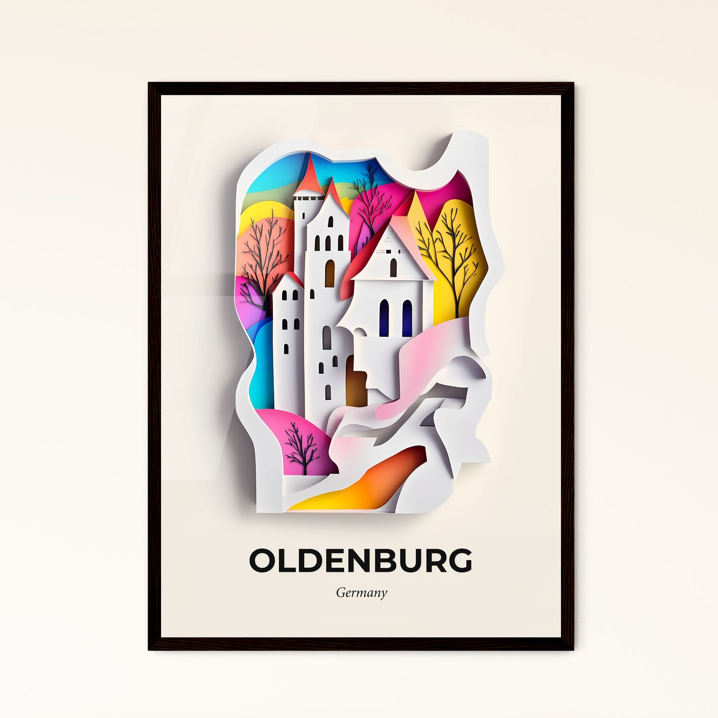 Vivid Oldenburg, Germany - a paper cut of a castle with trees and a rainbow