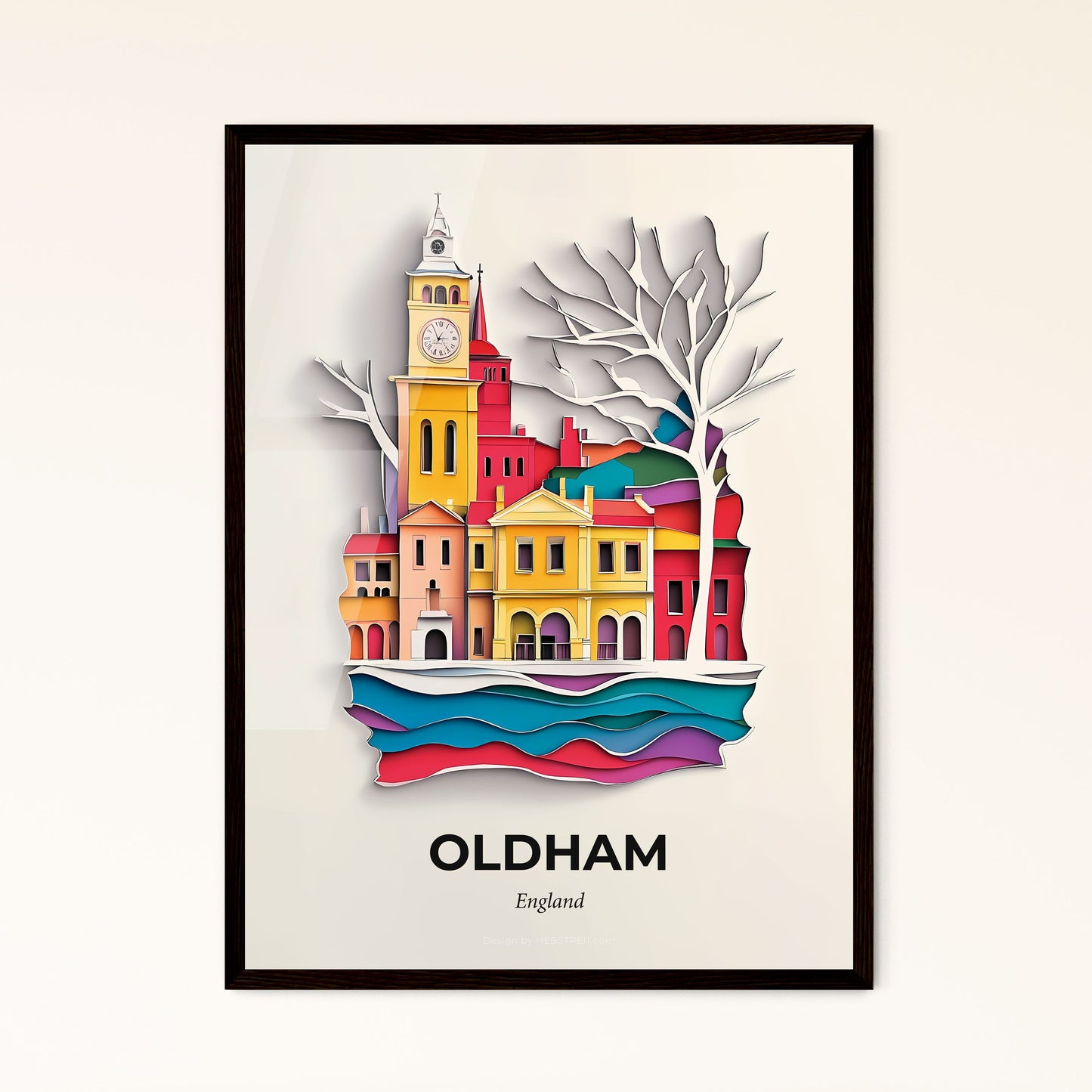 Vivid Oldham, England - a paper cut of a city with a clock tower