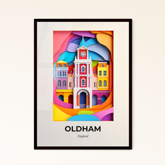 Vivid Oldham, England - a clock tower in a colorful city with a rainbow background