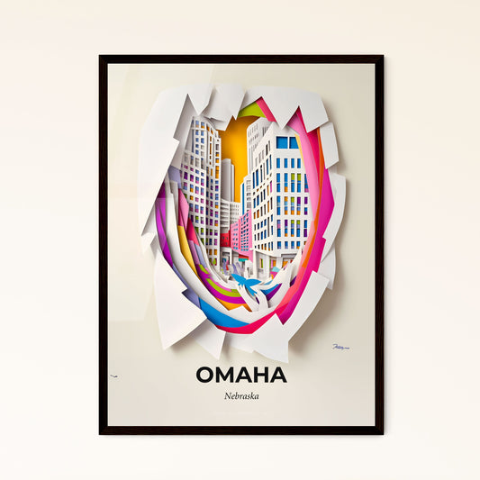 Vivid Omaha, Nebraska - a paper cut of a city with a rainbow arrow