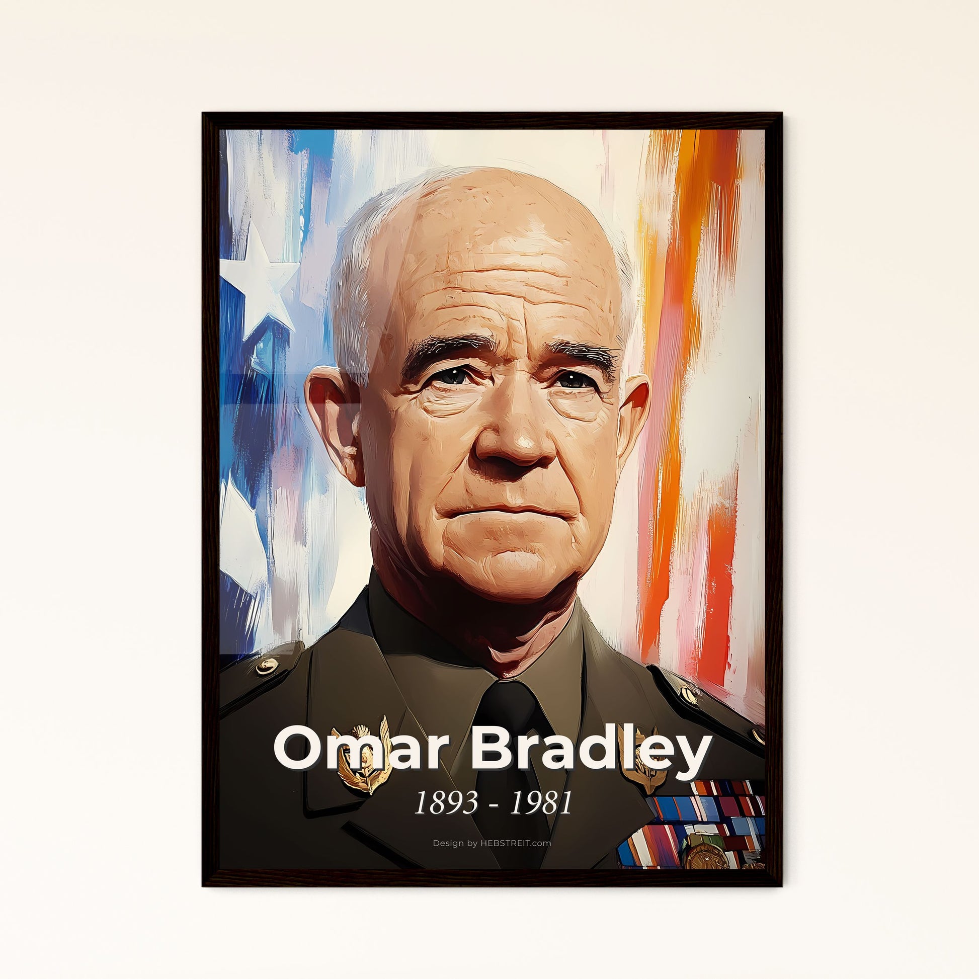 Portrait of Omar Bradley, 1893 - 1981. Impressionistic painting of a man in military uniform.