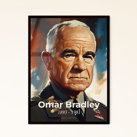 Portrait of Omar Bradley, 1893 - 1981. Impressionistic painting of a man in military uniform.