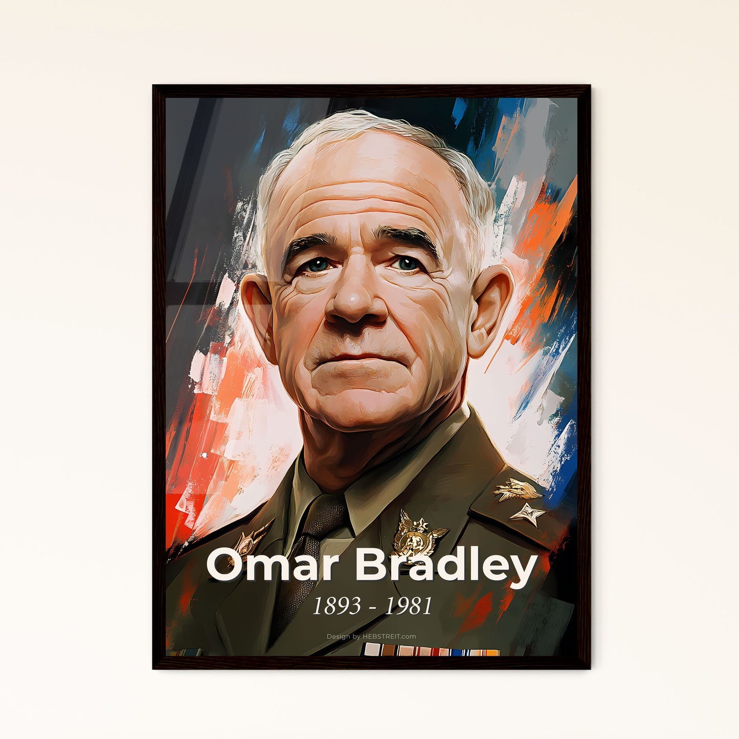 Portrait of Omar Bradley, 1893 - 1981. Impressionistic painting of a man in military uniform.