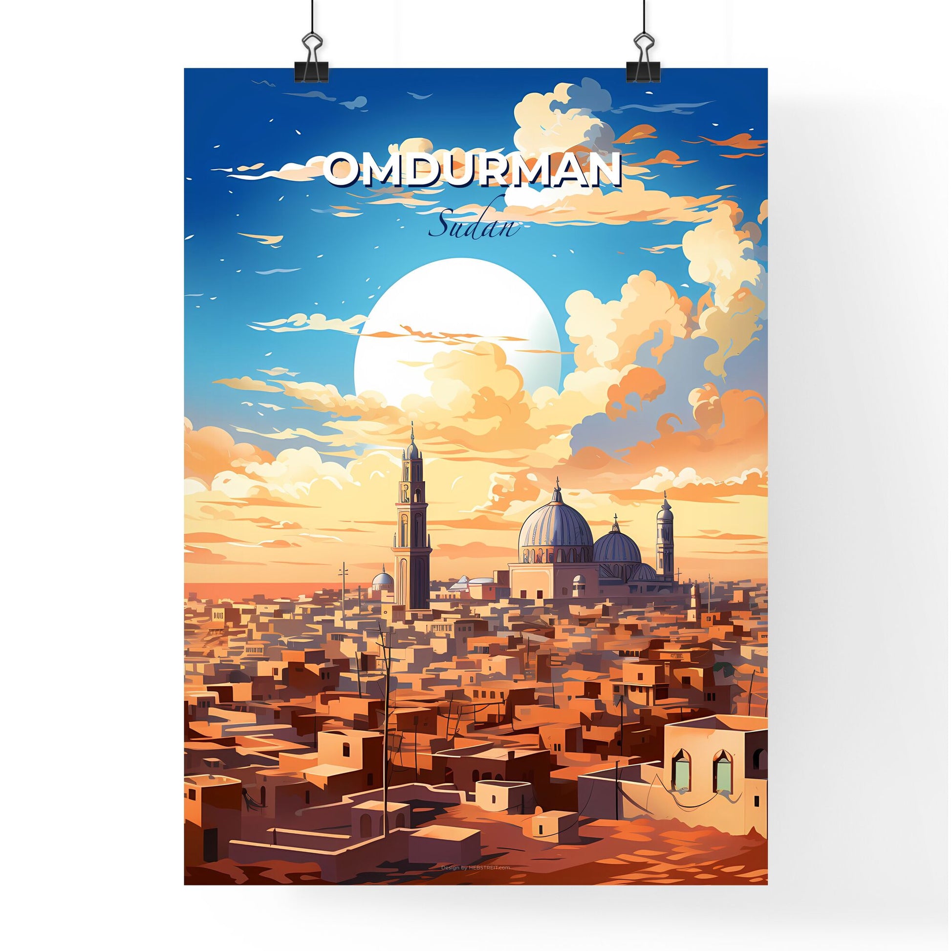 Vibrant Omdurman Skyline Painting Featuring Buildings and Enchanting Moon Default Title