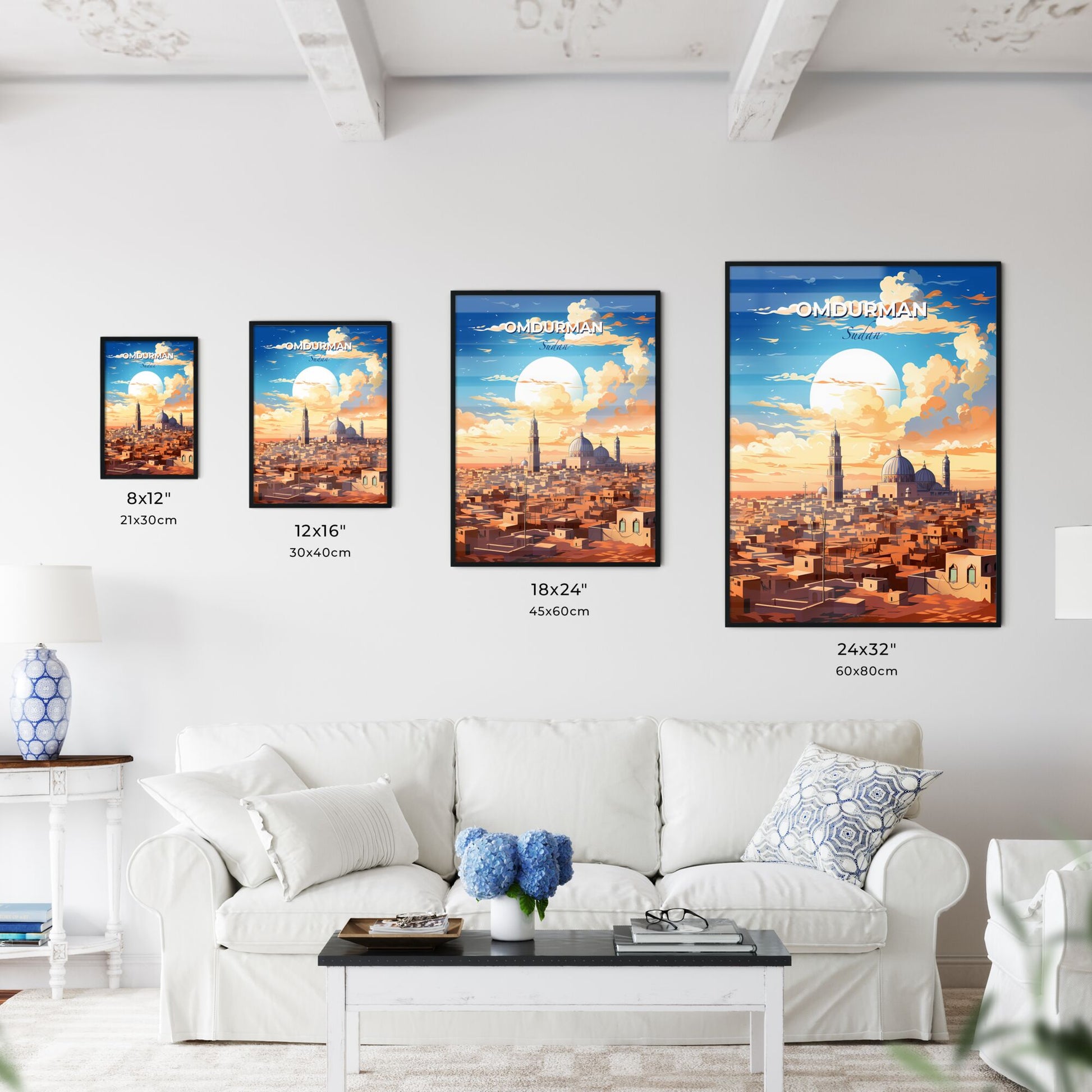 Vibrant Omdurman Skyline Painting Featuring Buildings and Enchanting Moon Default Title