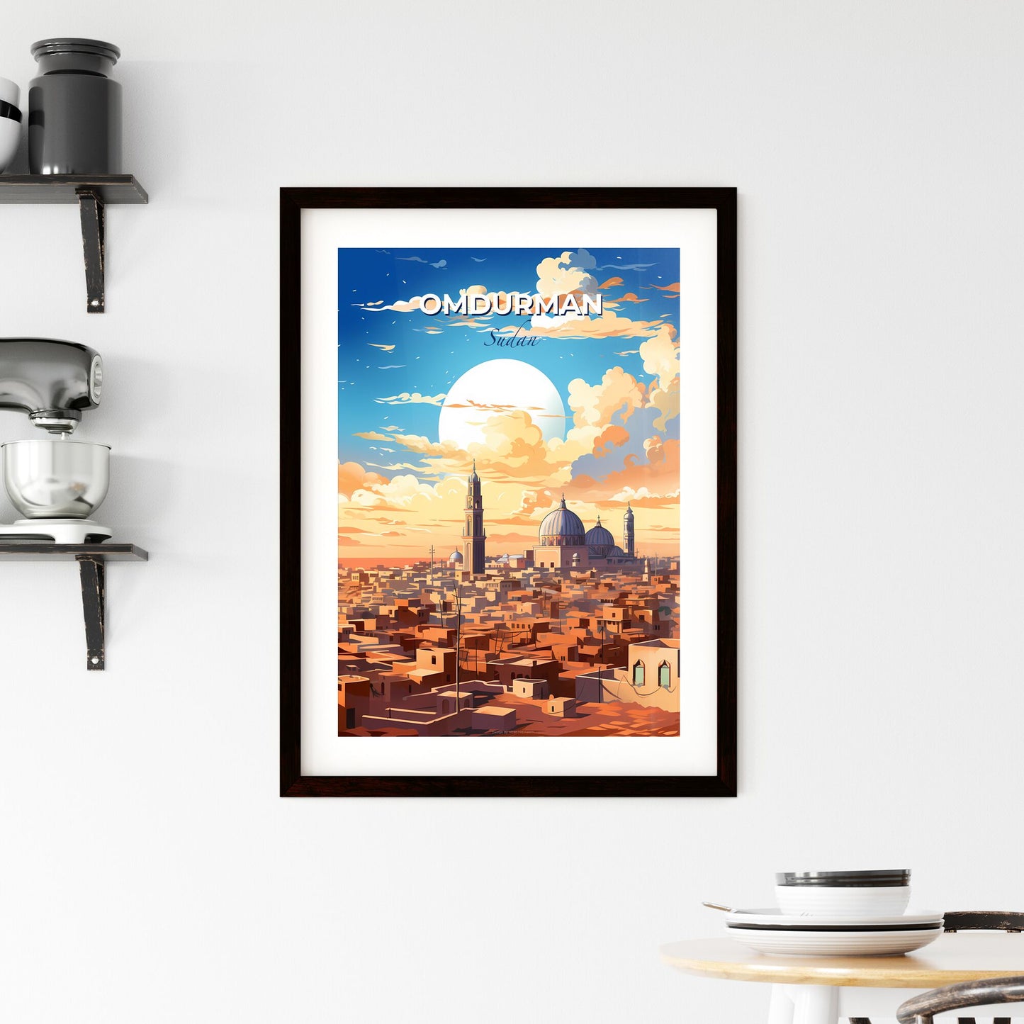 Vibrant Omdurman Skyline Painting Featuring Buildings and Enchanting Moon Default Title