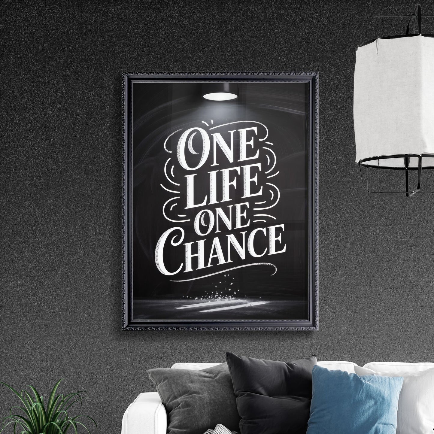 One Life, One Chance: Inspirational Quote on a Chalkboard Background Illuminated by a Spotlight.