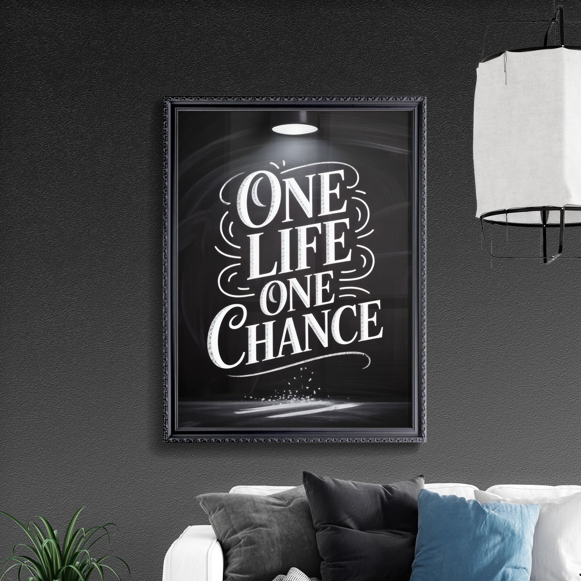 One Life, One Chance: Inspirational Quote on a Chalkboard Background Illuminated by a Spotlight.