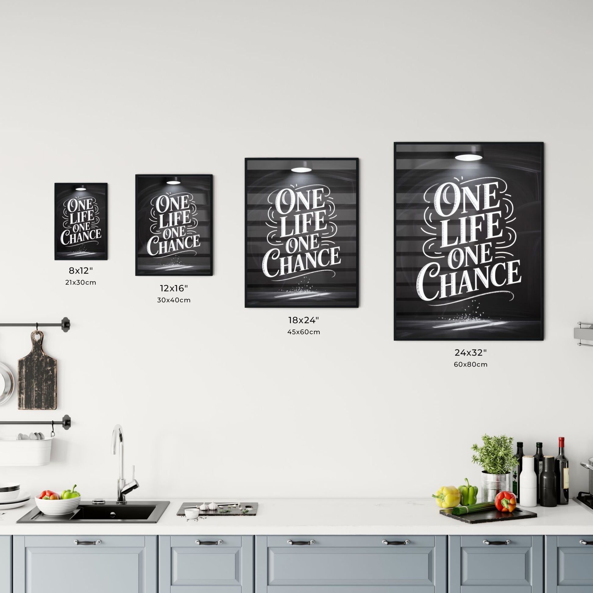 One Life, One Chance: Inspirational Quote on a Chalkboard Background Illuminated by a Spotlight. Chart