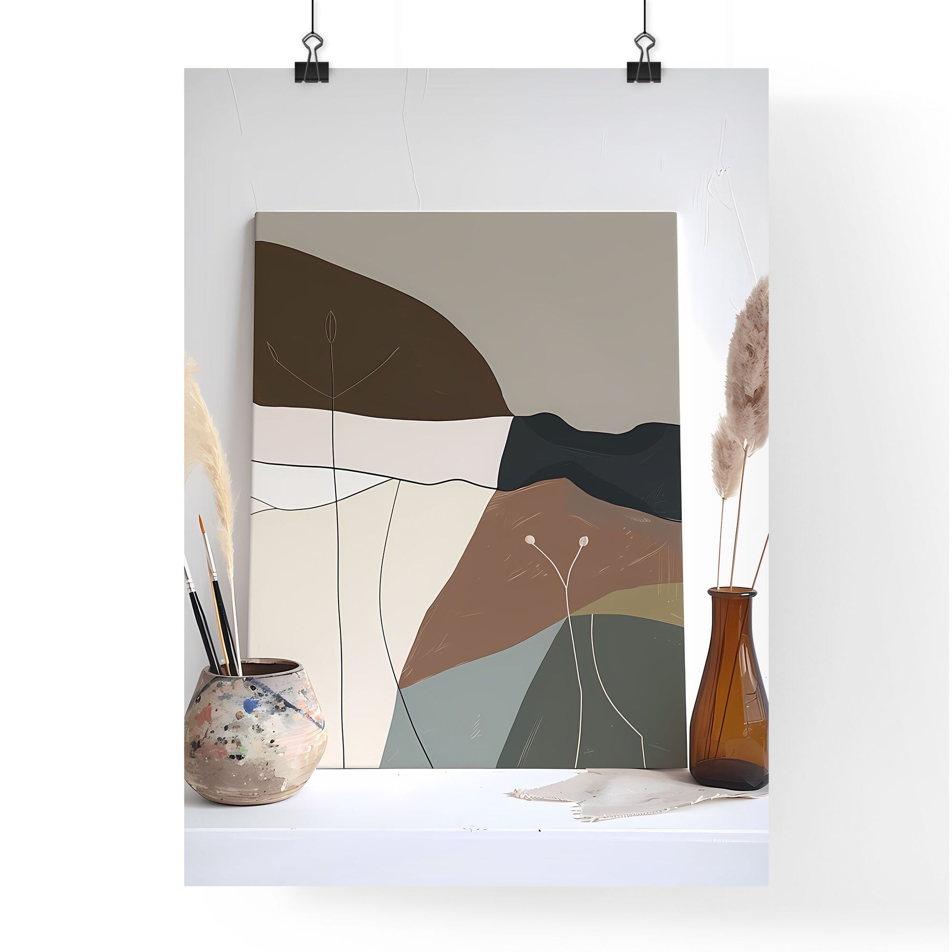 One line art, minimalist painting and vase with brush in it, muted color palette, minimalistic, gouache art poster Default Title