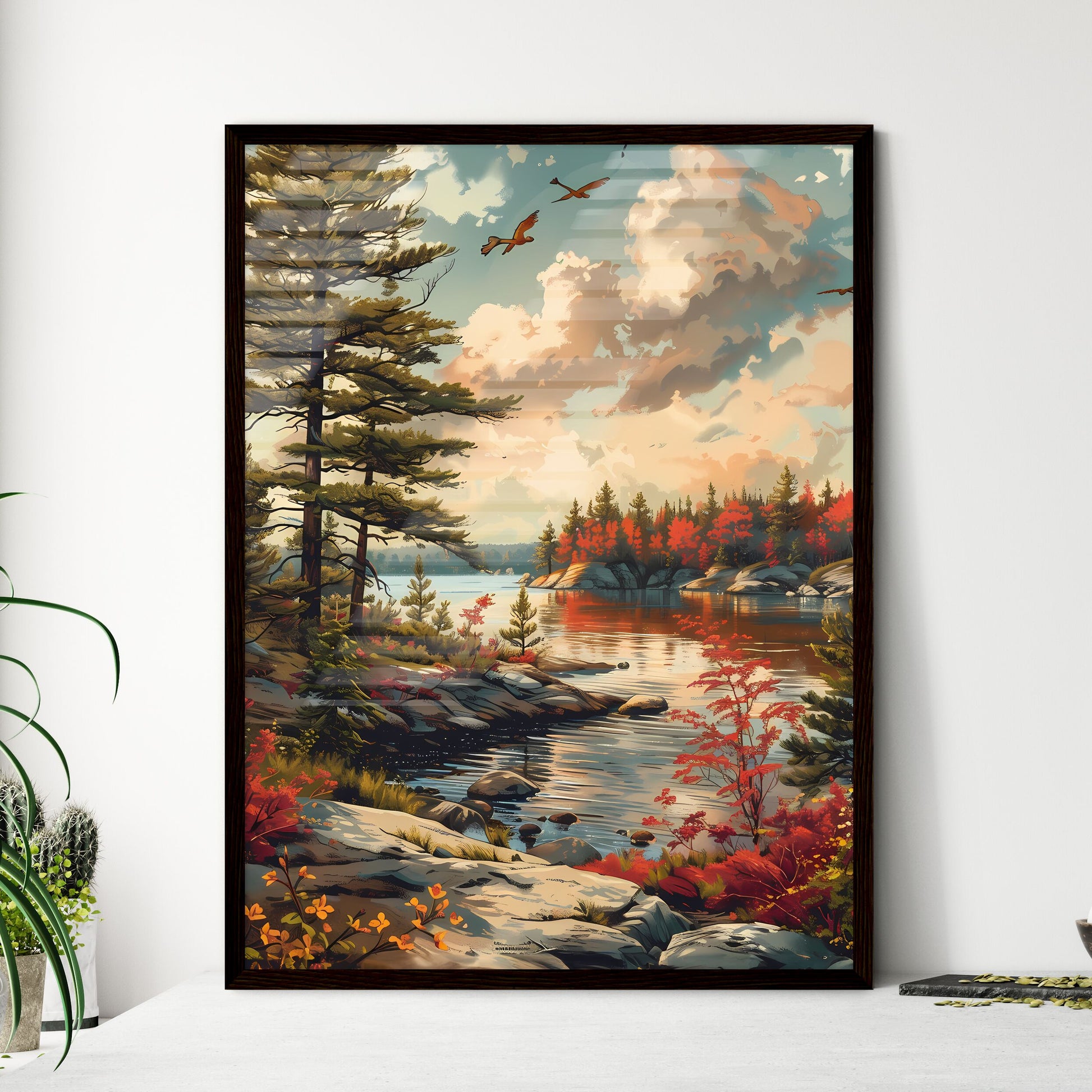 Vibrant Landscape Painting: Tranquil Lake and Forest Hues in Ontario Canada Default Title