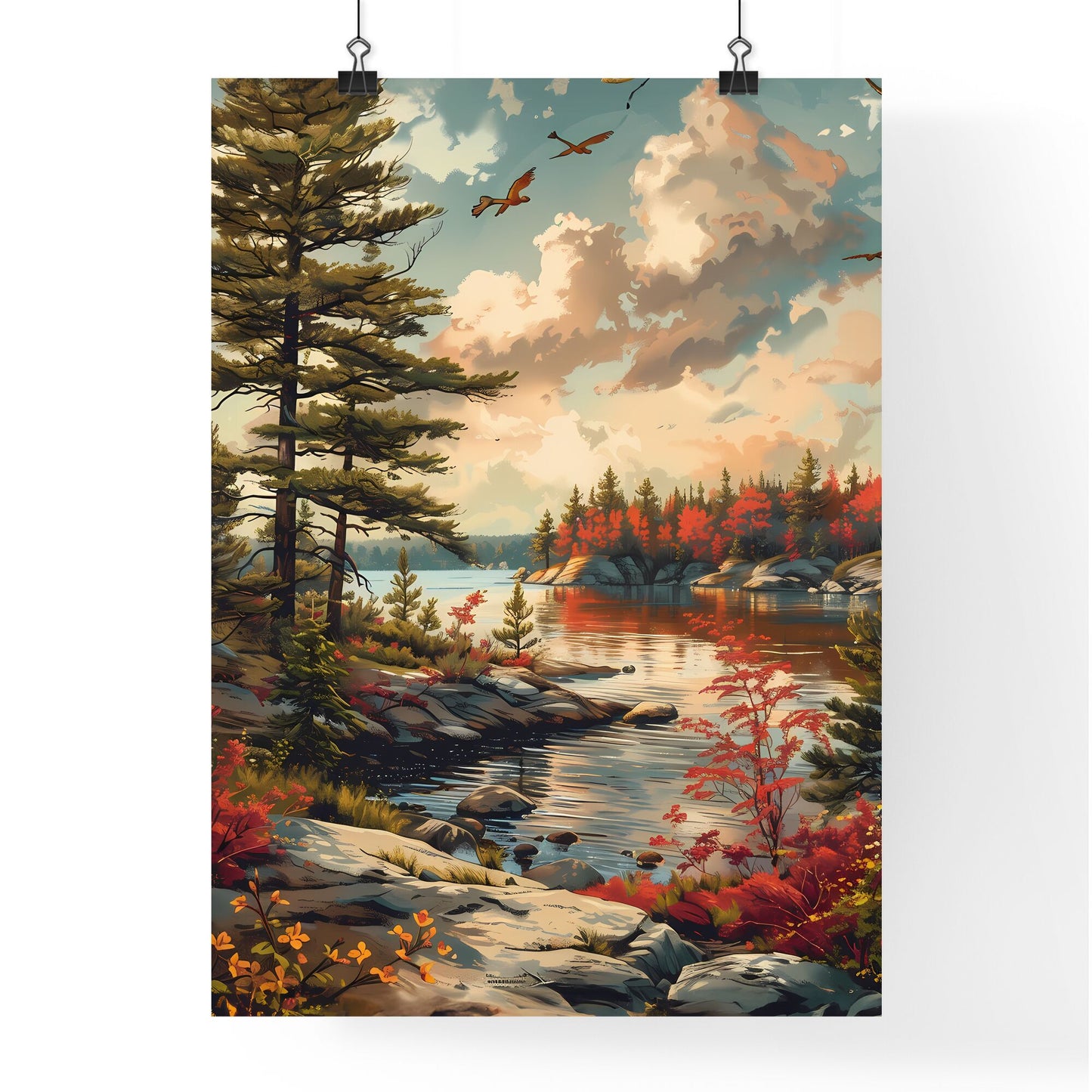 Vibrant Landscape Painting: Tranquil Lake and Forest Hues in Ontario Canada Default Title