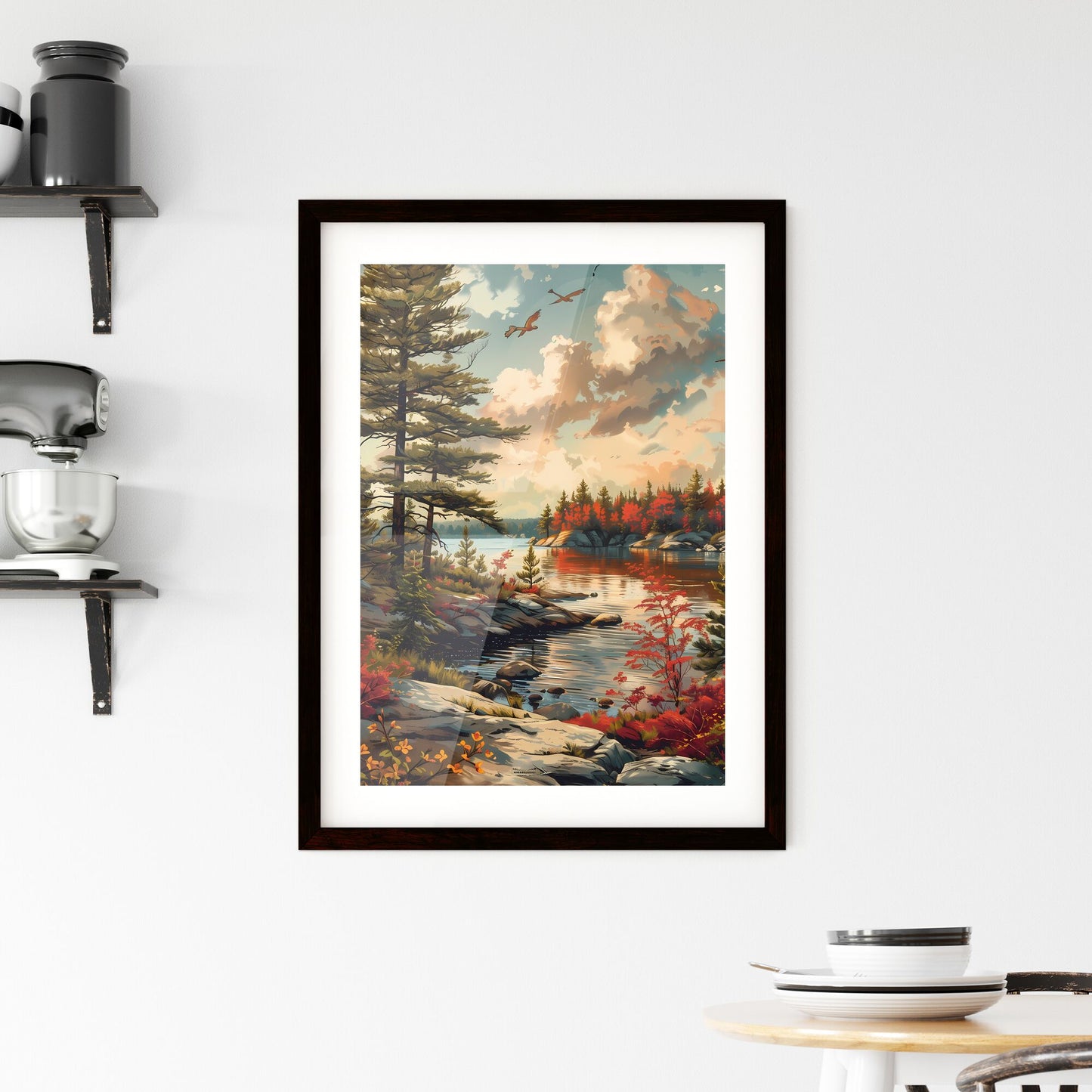 Vibrant Landscape Painting: Tranquil Lake and Forest Hues in Ontario Canada Default Title