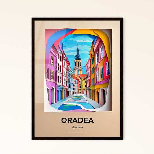 Vivid Oradea, Romania - a painting of a street with a clock tower in the background