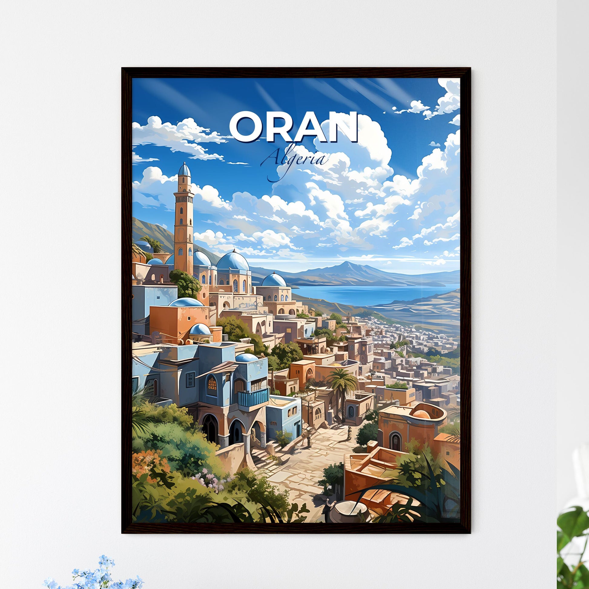 Cityscape Painting: Oran Algeria Skyline Featuring Vibrant Colors, Tower, and Mountain Default Title