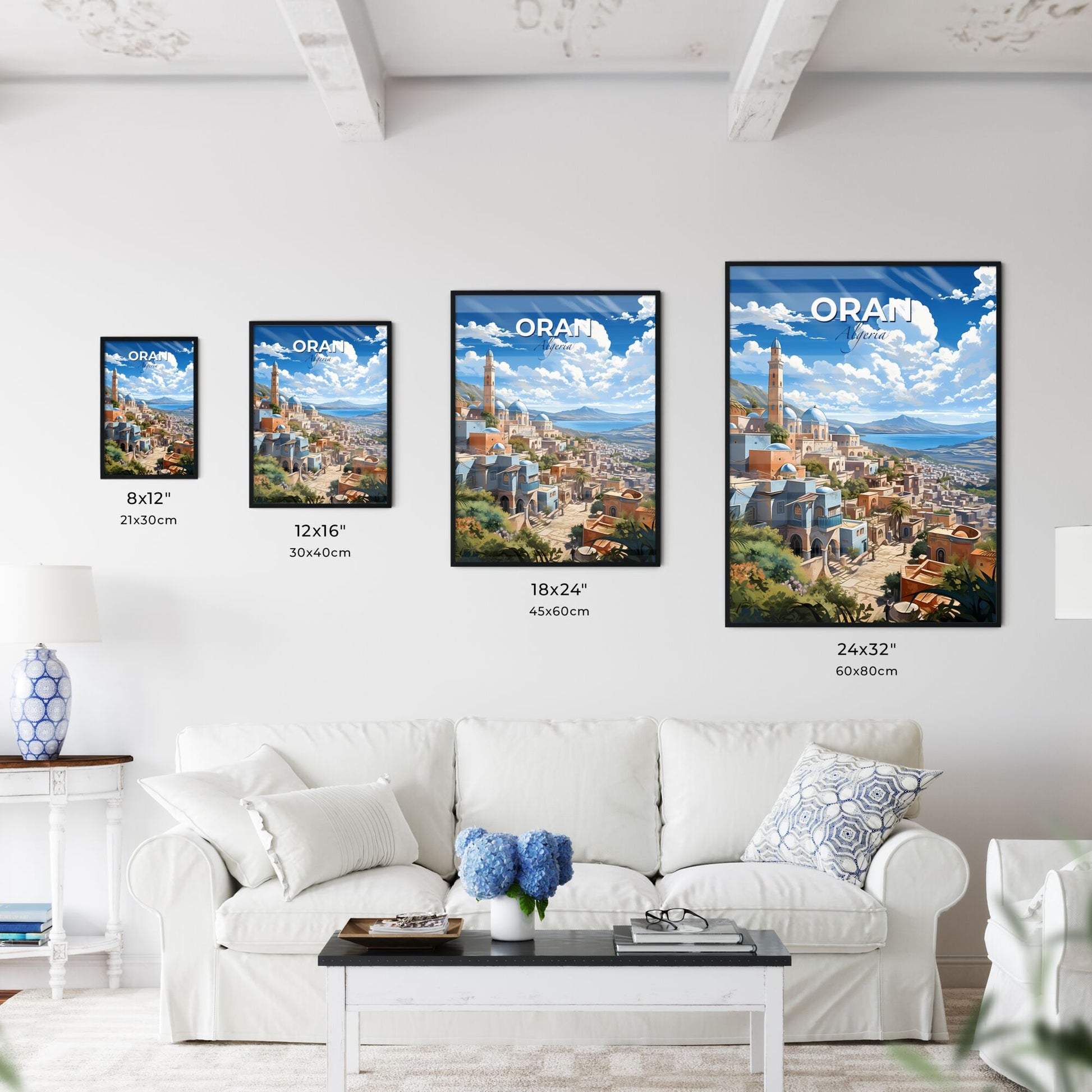 Cityscape Painting: Oran Algeria Skyline Featuring Vibrant Colors, Tower, and Mountain Default Title