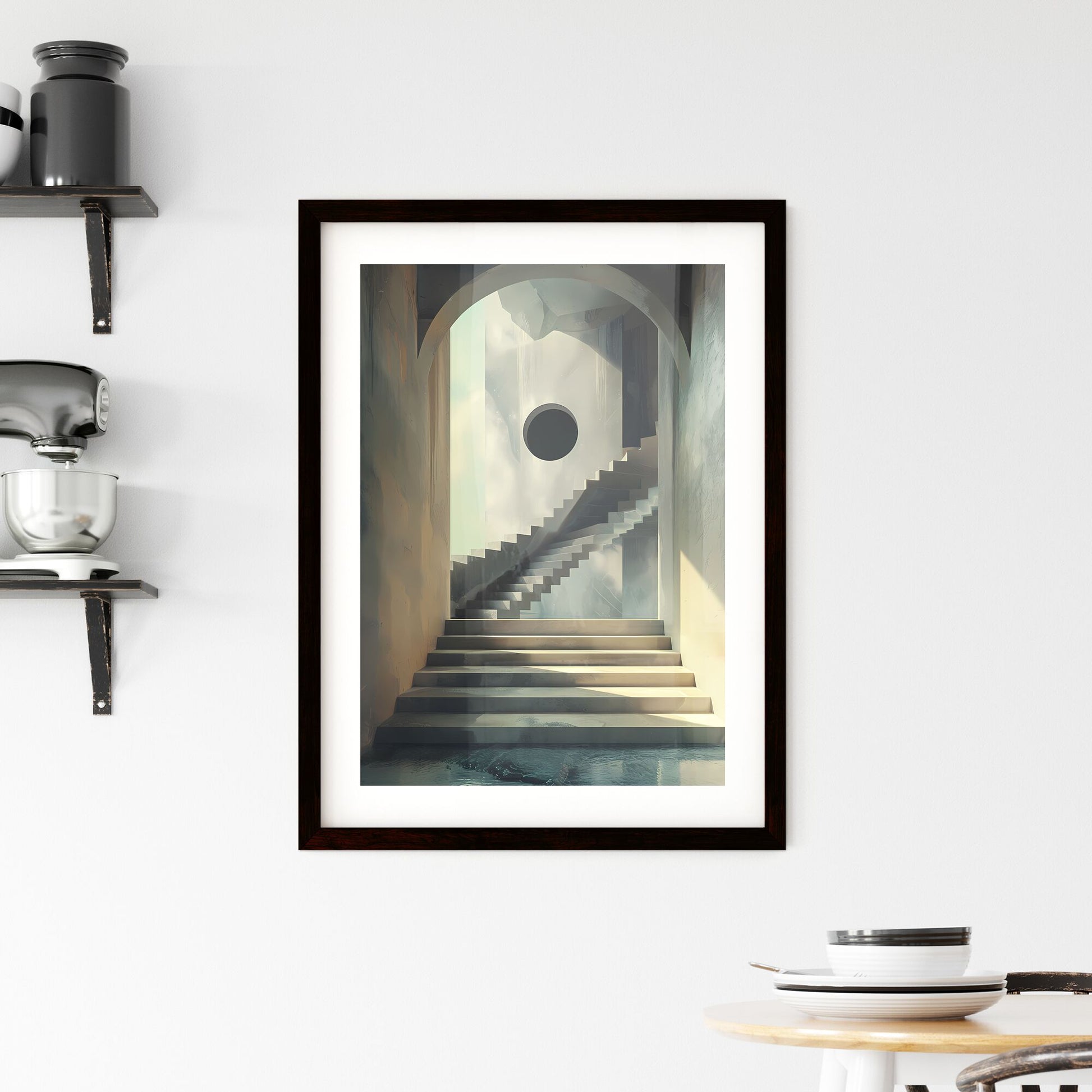 Vibrant and Minimalist Style Painting: A Staircase Leading to a Round Hole Default Title