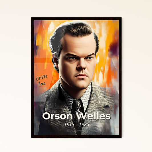 Portrait of Orson Welles, 1915 - 1985. Impressionistic painting of a man in a suit.