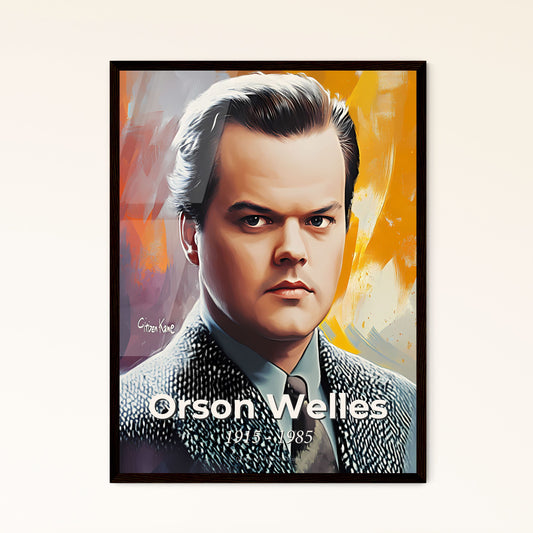 Portrait of Orson Welles, 1915 - 1985. Impressionistic painting of a man in a suit.