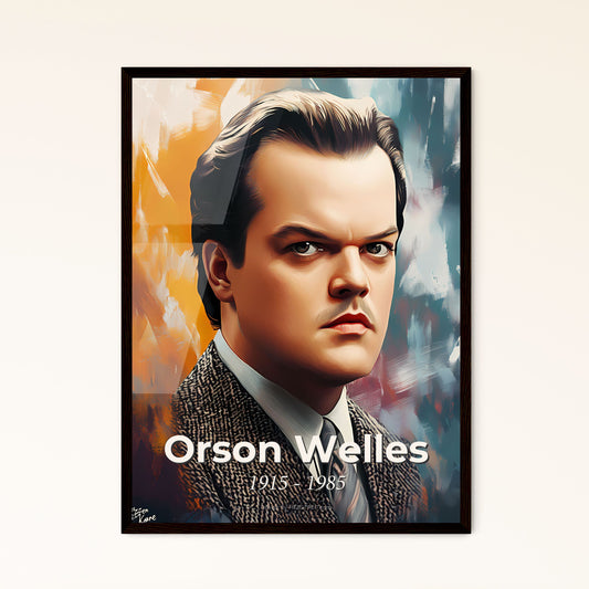 Portrait of Orson Welles, 1915 - 1985. Impressionistic painting of a man in a suit.