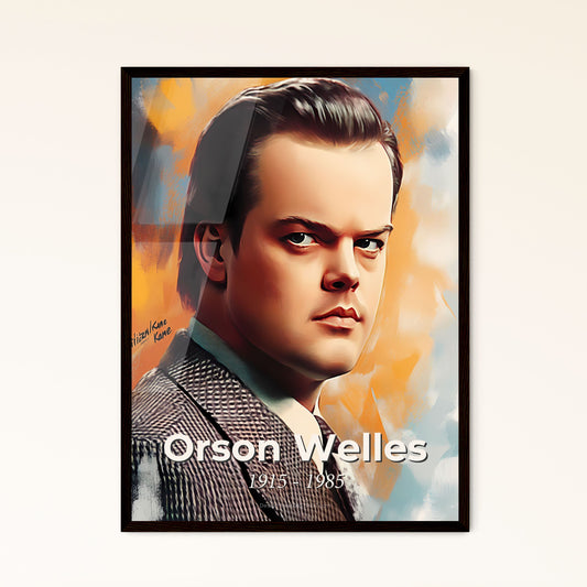 Portrait of Orson Welles, 1915 - 1985. Impressionistic painting of a man in a suit.