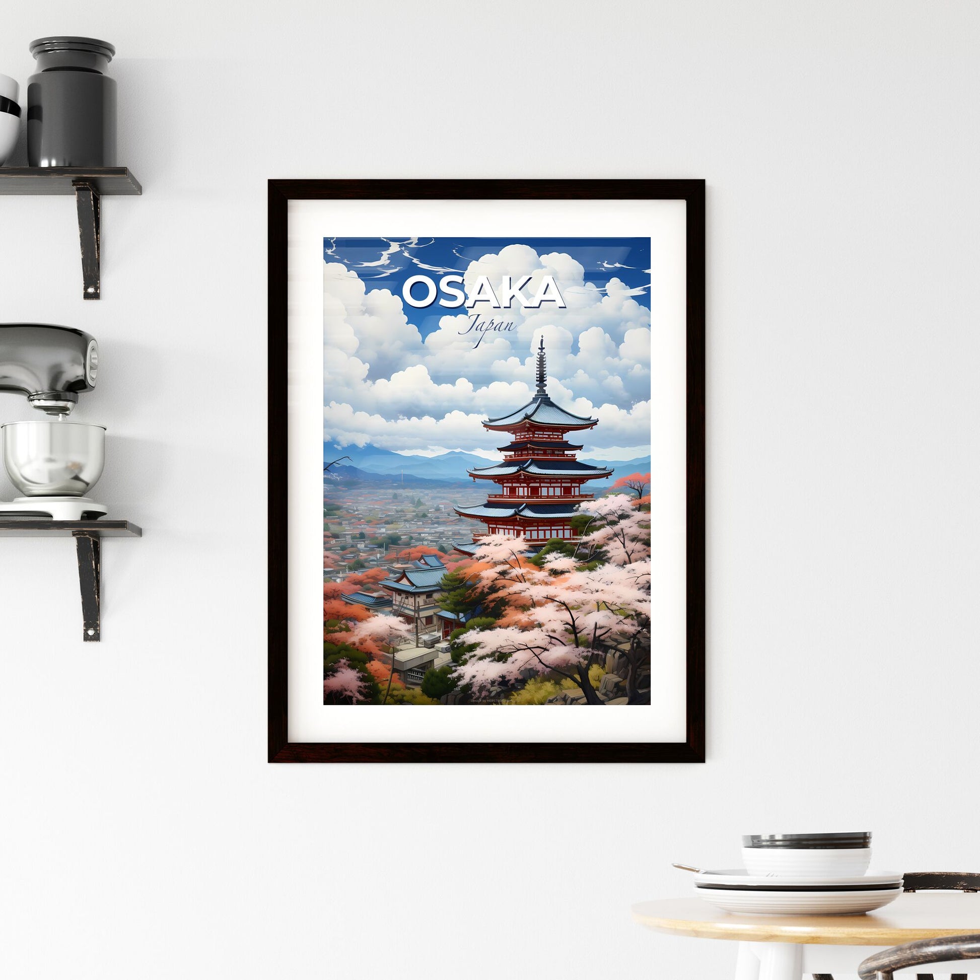 Japanese Pagoda Artwork - Vibrant Cityscape Painting Depicting Osaka Skyline Default Title