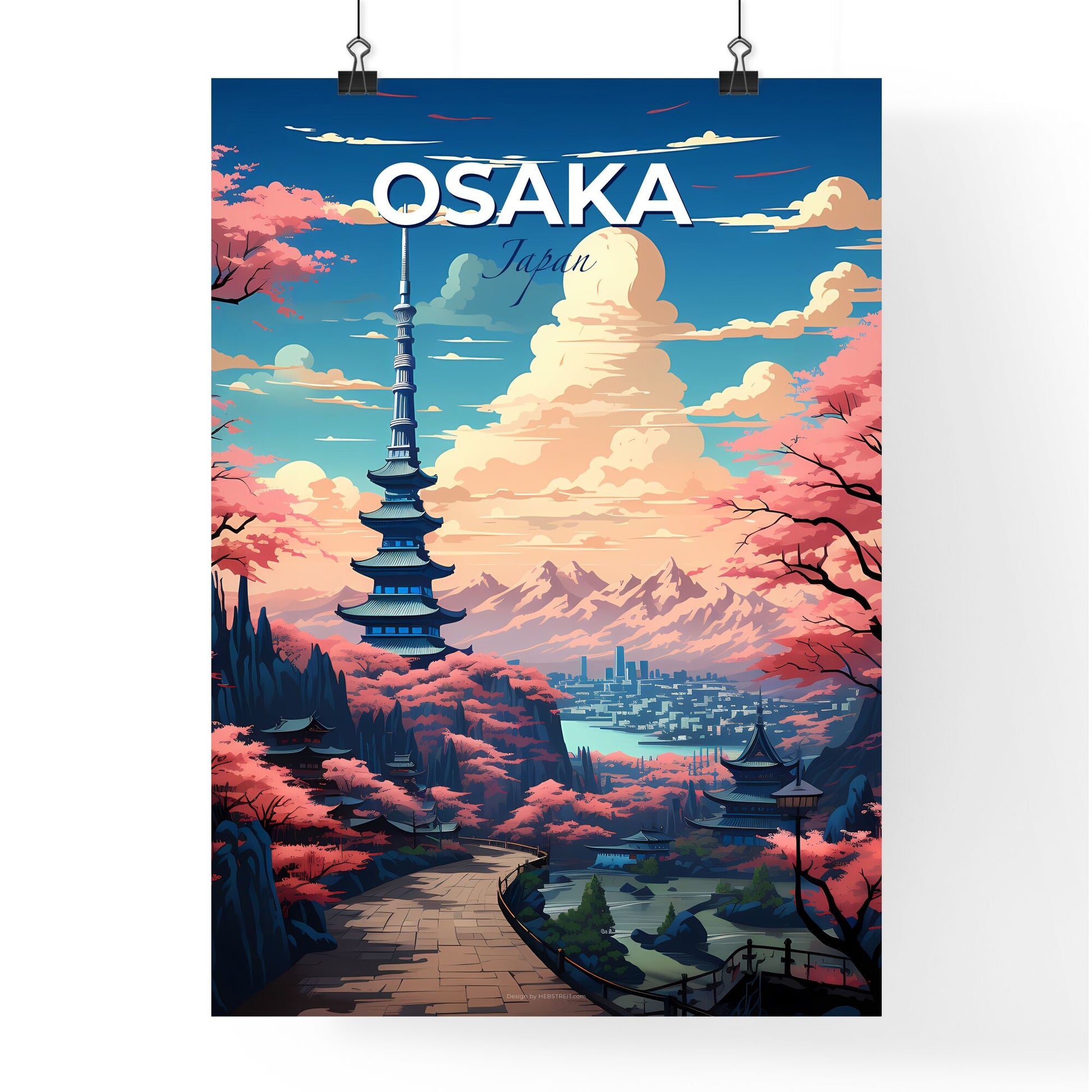 Colorful Osaka Cityscape Painting with Iconic Tower and Lush Greenery Default Title