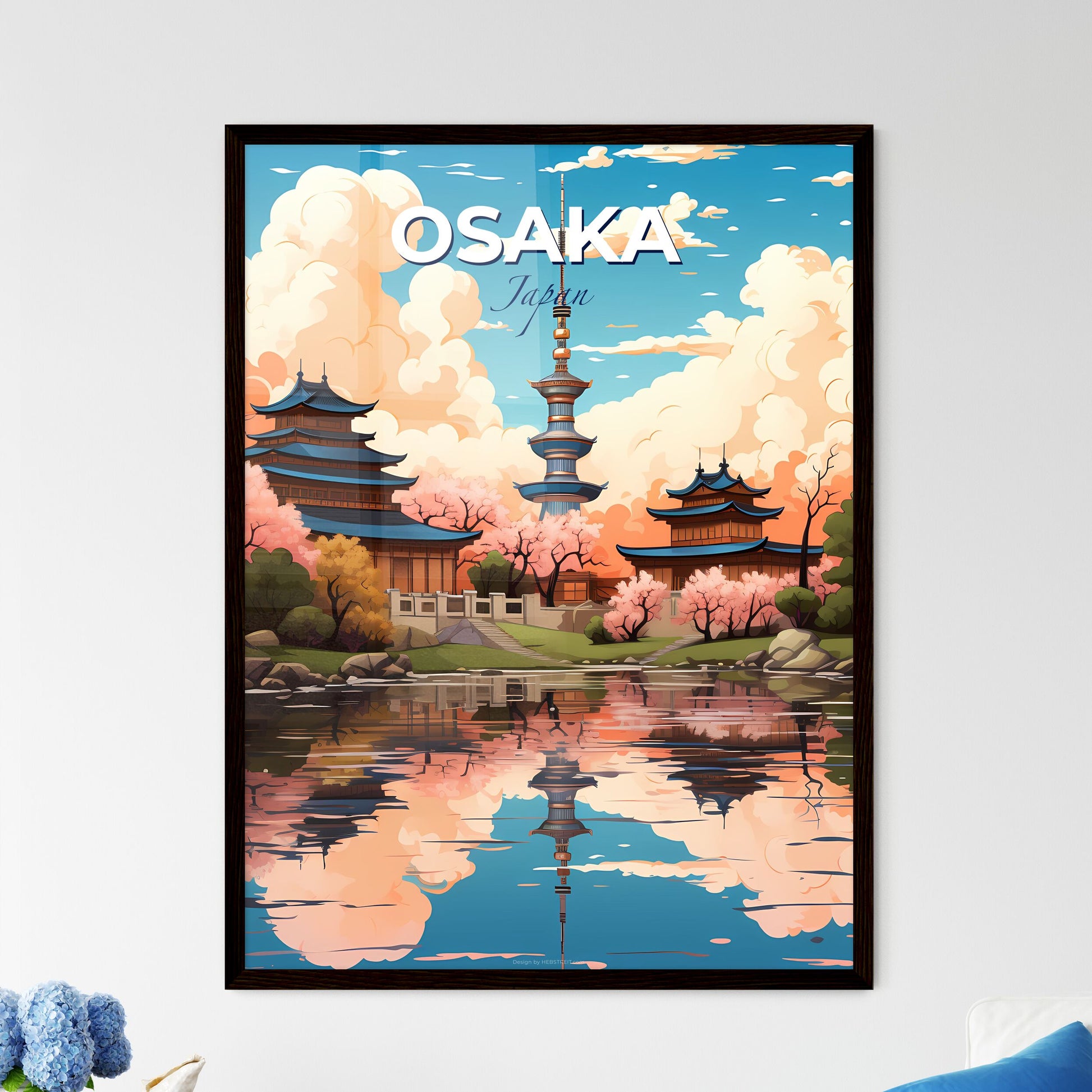 Mesmerizing Watercolor Painting of Osaka Skyline featuring Waterway, Buildings and Trees, Focus on Artistic Expression Default Title