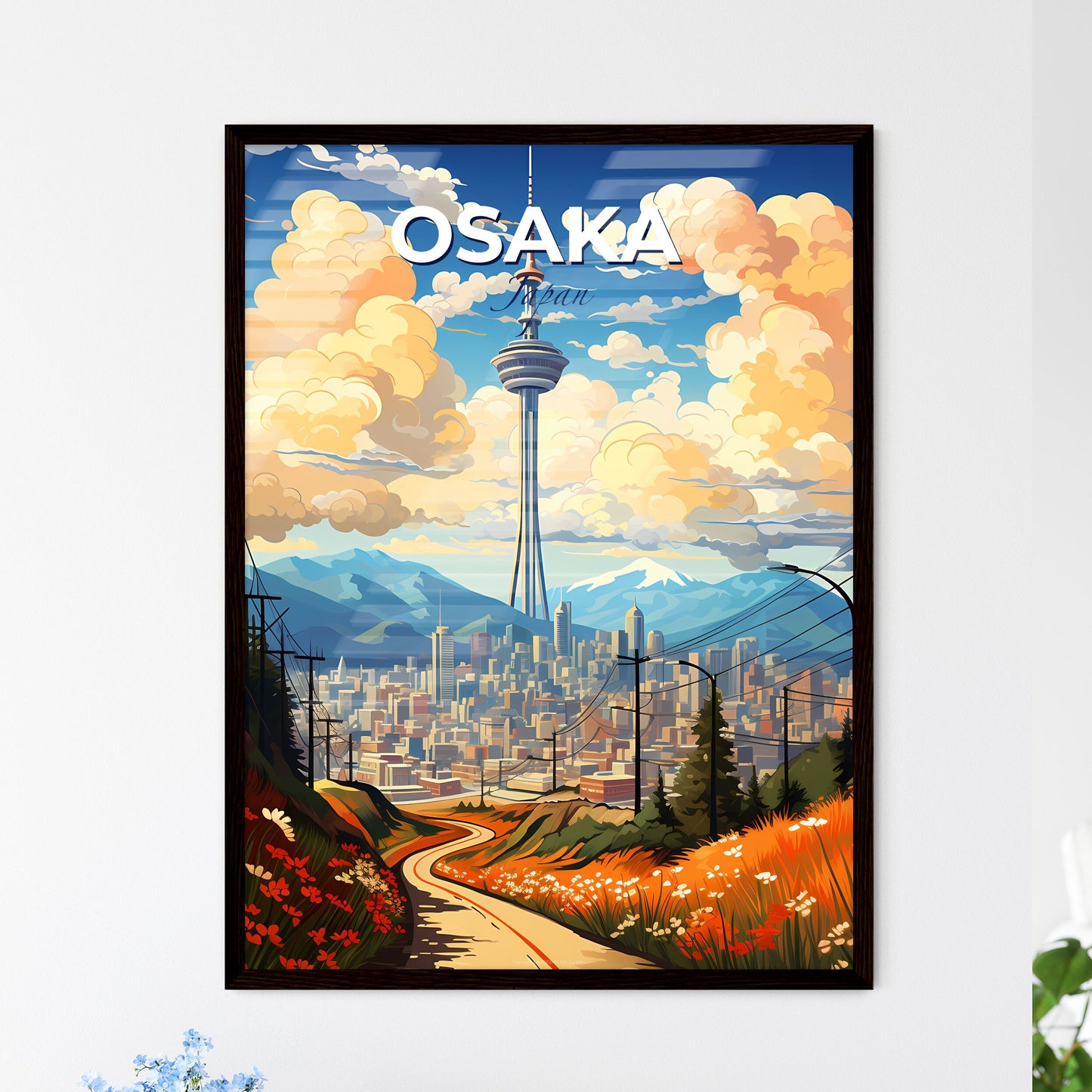 Osaka Skyline Cityscape Art Painting Tower Mountains Cityscape Skyline Art Default Title