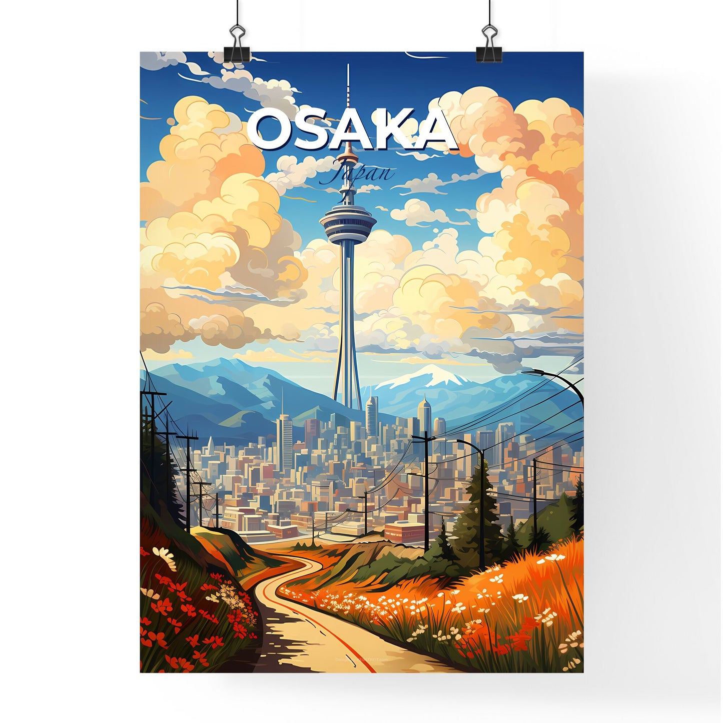 Osaka Skyline Cityscape Art Painting Tower Mountains Cityscape Skyline Art Default Title