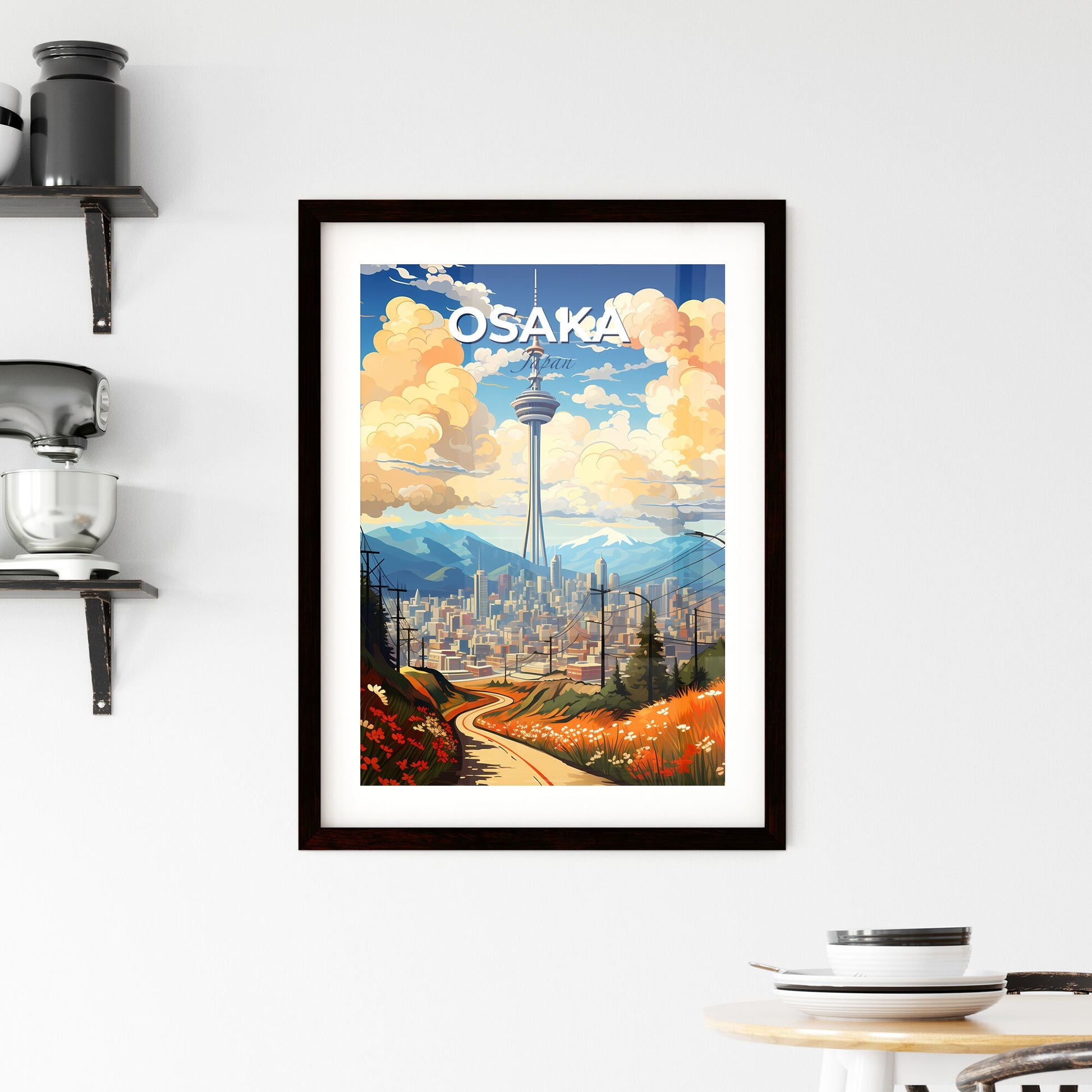 Osaka Skyline Cityscape Art Painting Tower Mountains Cityscape Skyline Art Default Title