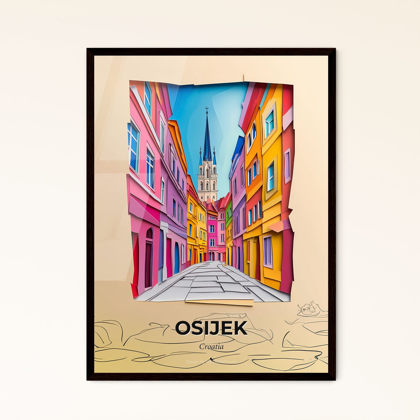 Vivid Osijek , Croatia - a street with a church steeple in the background